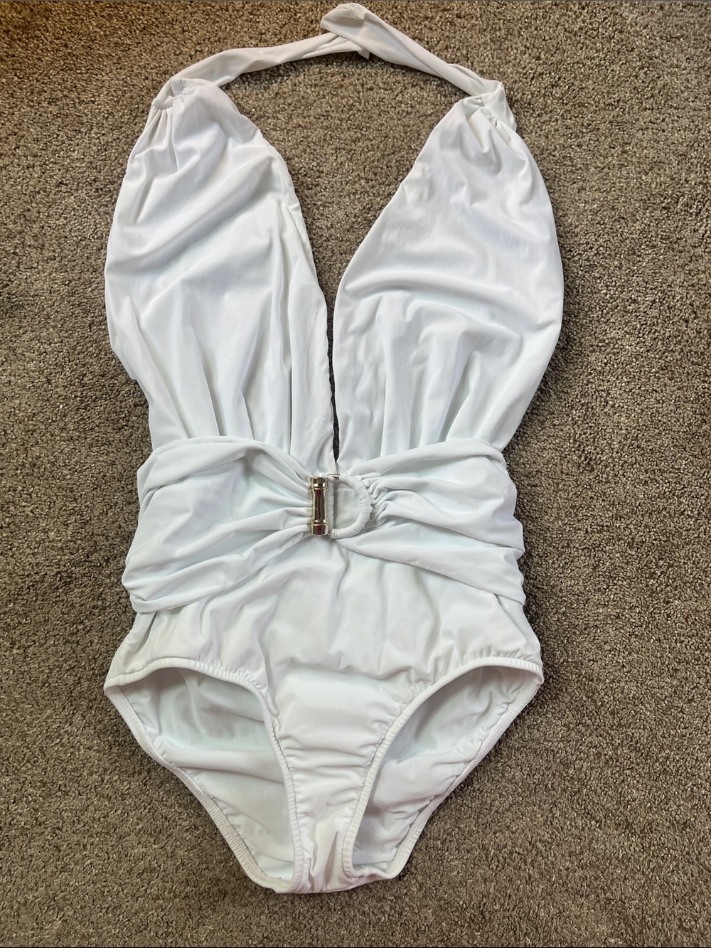 Lenny Niemeyer szL Made Brazil White Maillot Halter Gold Buckle Belted Suit EUC